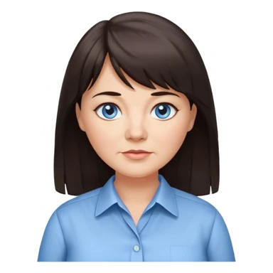 50 yr old woman, blue eyes, long straight dark brown hair, business shirt, chubby, bangs, long hair sticker