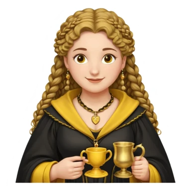 Helga Hufflepuff, 2 curly thick brown braids, yellow-black medieval dress, black cloak decorated with gold braiding, tiny two-handled shiny yellow-gold cup, very kind smile, curvy busty sweet woman, thick rosy cheeks sticker