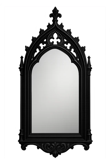 gothic mirror, black frame with silver accents, no background sticker