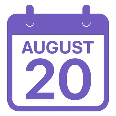 A minimalist calendar block with the date August 20, clean design in purple color, no background, simple and elegant style. sticker