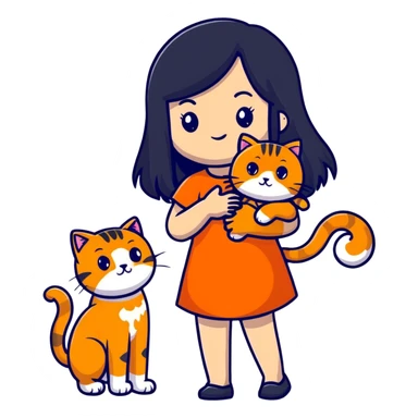 girl with long black hair holding an orange cat sticker