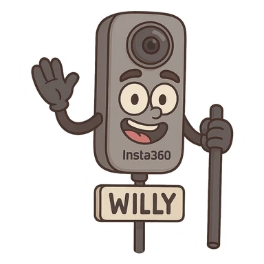 friendly face Insta360 camera on a stick named Willy, cartoon style sticker