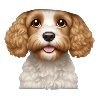 White cavapoo with light brown ears wearing a hat sticker