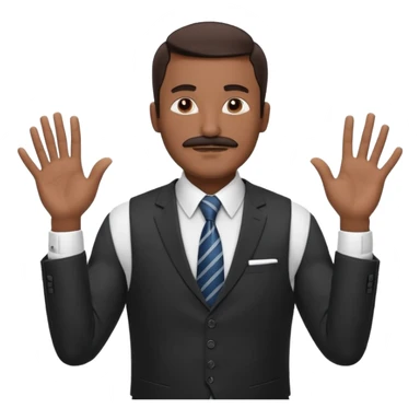 

“A confident man with medium-dark skin tone wearing a suit, tie, and vest, holding both hands up with fingers spread, making a ‘calm down’ or ‘I’m just saying’ gesture. His eyes are closed, and he has a mustache, giving a vibe of laid-back confidence or mock innocence. sticker