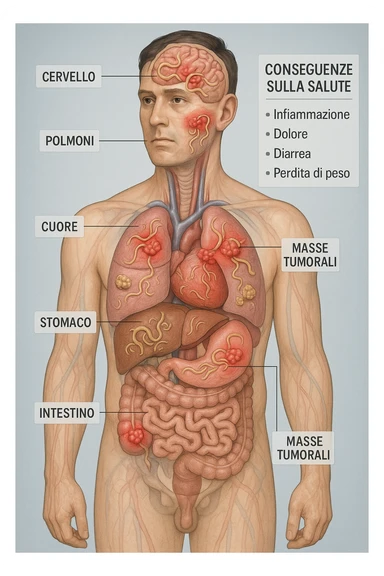 a semi-transparent view of a man’s body reveals numerous parasitic organisms inside his organs and tissues. Some areas are highlighted with red or inflamed zones, and small tumor-like masses are visible where the parasites cluster. The background is clinical and educational, with labels pointing to affected organs and a sidebar showing the health consequences. scritto in italiano sticker