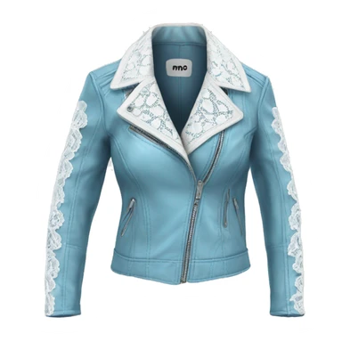 Realistic isolated open womens sky blue leather jacket with white lace. sticker