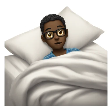 A darkskin boy around 13 years of age with black glasses in pajamas on a bed with a disgruntled, irritated expression on his face while pulling the bed sheet off of his chest  sticker