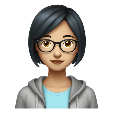 Chinese girl, 19 years old, black hair, bob cut, wearing white tank top with a light blue zip-hoodie on top, has glasses on sticker