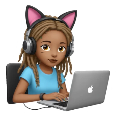 black girl with dreads who works remotely through a laptop with headphones that have plastic cat ears connected to the headphones.  sticker
