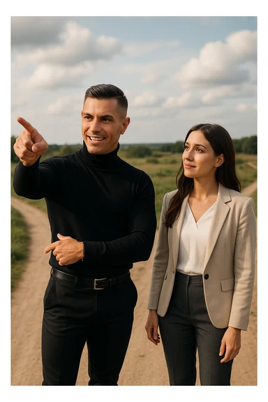 Editorial photo of a confident man standing at a crossroads, pointing decisively toward a clear path ahead. Beside him, a woman looks at him with trust and readiness to follow. Both are well-dressed, the setting is an open landscape with soft, natural light. The mood is one of leadership, guidance, and partnership. sticker