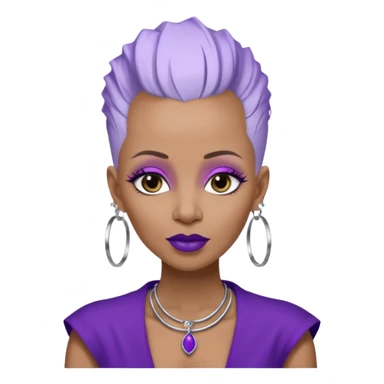 57 years young,  brown skinned Black queen with a  no hair on side and white hair in mohawk style, purple lipstick,  purple eyeshadow,  droopy looking  eyes, hoop  design 
 earrings with the name Draya personalized on them.  sticker