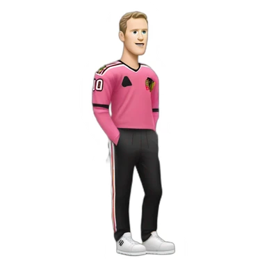 Jonathan Toews standing in front of pink mansion sticker