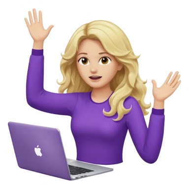lady with long blonde wavy hair, purple top throwing her with a laptop hands in the air saying why sticker