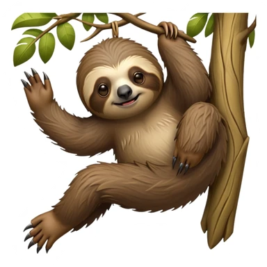 cinematic-sloth-realistic-full-body-hanging-emoji,-long-curved-claws-clinging-to-a-tree,-thick-shaggy-brown-fur-slightly-ruffled,-head-tilted-dramatically,-slow-blinking-eyes-filled-with-serene-wisdom,-simplified-yet-realistic-focused-features,-highly-detailed,-glowing-with-an-almost-sarcastic-glow sticker