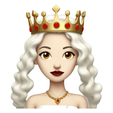 Queen with pale skin, long black hair, bright red lips, skinny gold crown, white dress, and evil stare.  sticker