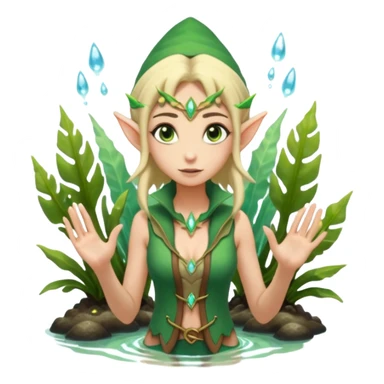 elf female legolas wading in shallow tide pool, palm emitting soft green light to heal glowing coral, practical open vest over bare chest, determined gaze, pointy ears, vibrant underwater plants, centered emoji, nature guardian summer sticker