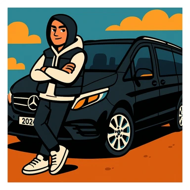 stylish male character in white sneakers, black pants, white hoodie, black vest, hood up, leaning on a black 2024 Mercedes-Benz V-Class Extra Long 300 d, vibrant toon style sticker