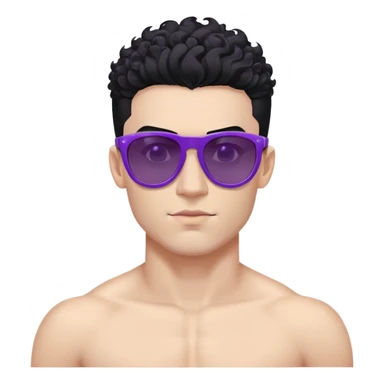 shirtless male athlete with white skin and moderately curly black hair on top with shaved sides, wearing purple sunglasses with black tinted lenses sticker