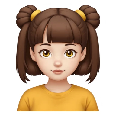 beautiful girl with brown hair with up twin buns style only, straight bangs, yellow eyes, milk brown tshirt, white skin, her body is a little fat  sticker