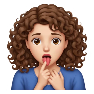 girl clutching her neck as she sticks out her tongue, she looks annoyed but amused. she has curly/wavy brown hair  sticker
