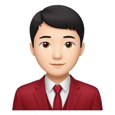 handsome Asian man emoji, short black hair with soft fringe, clean and elegant look, fair skin, gentle smile, wearing dark red suit and white shirt sticker