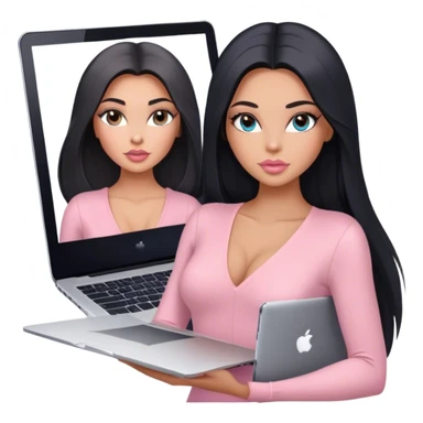 Glamours, tanned, very beautiful girl, with big pump peach-beige-rose lips, long lashes, black straight smooth silky long hair, straight parting hair, blue-grey eyes, in light-pink v-neck bodysuit holding MacBook sticker