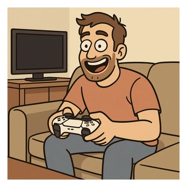 cartoon style man sitting on sofa playing PlayStation 5, smiling, gamepad in hands, TV in background sticker