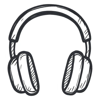 Studio headphones, black outlined, white fill, hand drawn style sticker