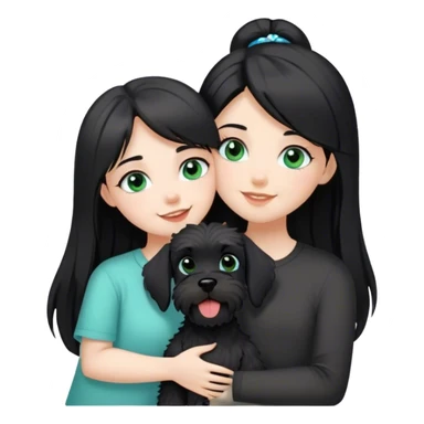 pale girl with light green blue eyes and long black hair wearing black shirt kissing schnauzer holding smiling black schnauzer  sticker