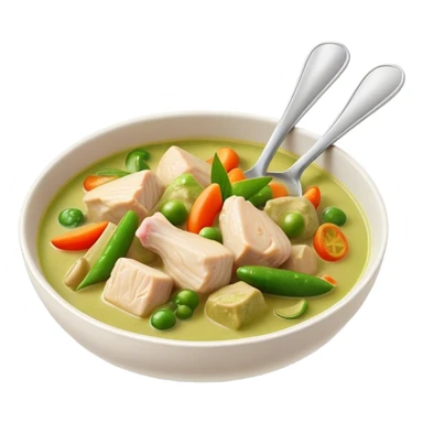 Green Chicken Curry Cinematic Realistic Green Chicken Curry Dish Emoji, depicted as tender chicken chunks simmered in a fragrant green curry sauce with vegetables, rendered with vivid textures and dynamic, vibrant lighting. sticker
