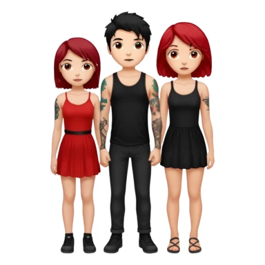 generate a fair boy with messy black hair, tattoos. standing beside a fair black haired girl wearing a black cami top and a tan girl with red hair sticker