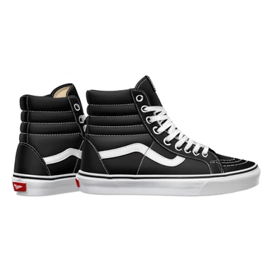 A pair of black Vans Sk8-Hi sneakers arranged with one shoe positioned behind the other, high-top skate shoes with white side stripe and waffle soles sticker