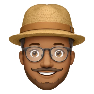 Brown man smiling with hat, clear glasses and goatee sticker