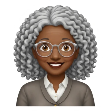smiling dark older black woman wearing glasses with lots of long curly silver hair a sticker