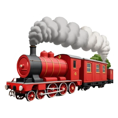 James the Red Engine pulling A Goods Train by Knapford Station on the Mainline, in the style of the original TV show, red engine with annoyed face, 6 seven plank troublesome freight cars, classic British industrial yard, no text sticker