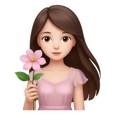 white brunette girl long hair with hazel eyes in light pink dress holding a flower sticker