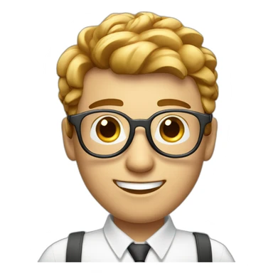 male virtual assistant with a smiling  holding a digital tablet or stylus wearing eye glasses and white shirt sticker