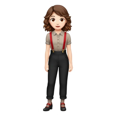 Woman with wavy brown hair and hazel eyes wearing black dress pants with red suspenders sticker