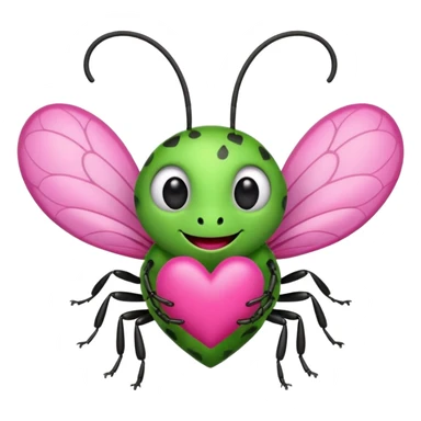 smiling cartoon bug holding a pink heart sticker