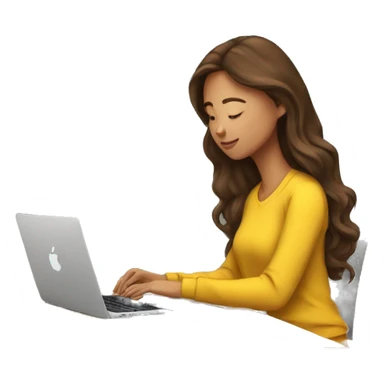 software engineer female with apple laptop in front of her, facing the right side while looking at her laptop. very long wavy brown hair, brown eyes, tan skin, yellow sweatshirt, no glasses sticker
