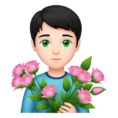 Boy with fair skin and black hair and green eyes with bouquet of pink flowers sticker