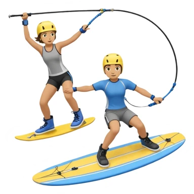 A person wakeboarding with one leg forward, the other bent for balance, leaning slightly back while holding a tow rope. Wearing a blue top, black shorts, gray boots, on a yellow board with small water splashes below. sticker