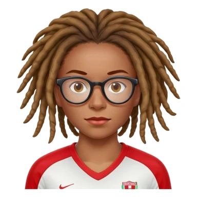 Rihanna freckles on nose and soccer woman dreadlocks Caribbean wearing a red and white jersey and cateye eyeglasses sticker