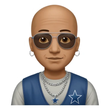 bald mexican cholo with square black sunglasses no facial hair with cheek dimples wearing a silver necklace with H on it and wearing cowboys jersey sticker