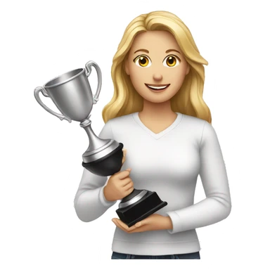 a white women holding trophy sticker