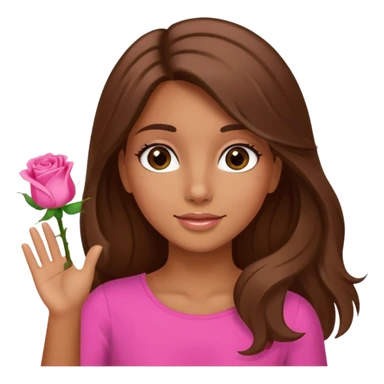 A tanned girl's face waved long brown hair with pink rose sticker