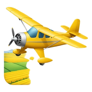 Draw a small yellow crop duster plane spraying fields below. sticker