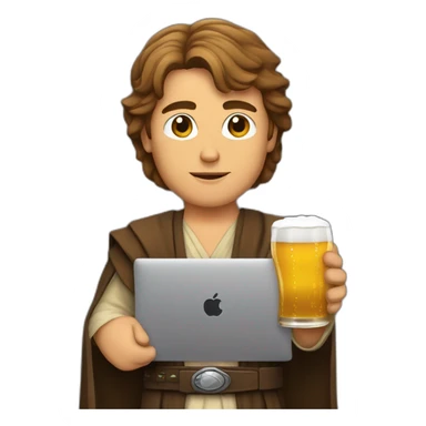 Anakin skywalker holding a beer and a macbook sticker