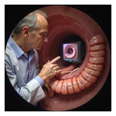 realistic colonoscopy of middle-aged man, monitor showing polyp removal with snare, doctor pointing to area with early changes, clinical details sticker