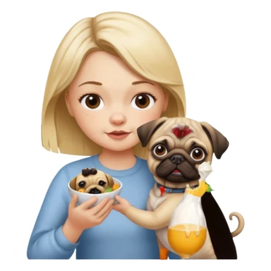 haz una chica rubia dandole comida a su perro pug sticker